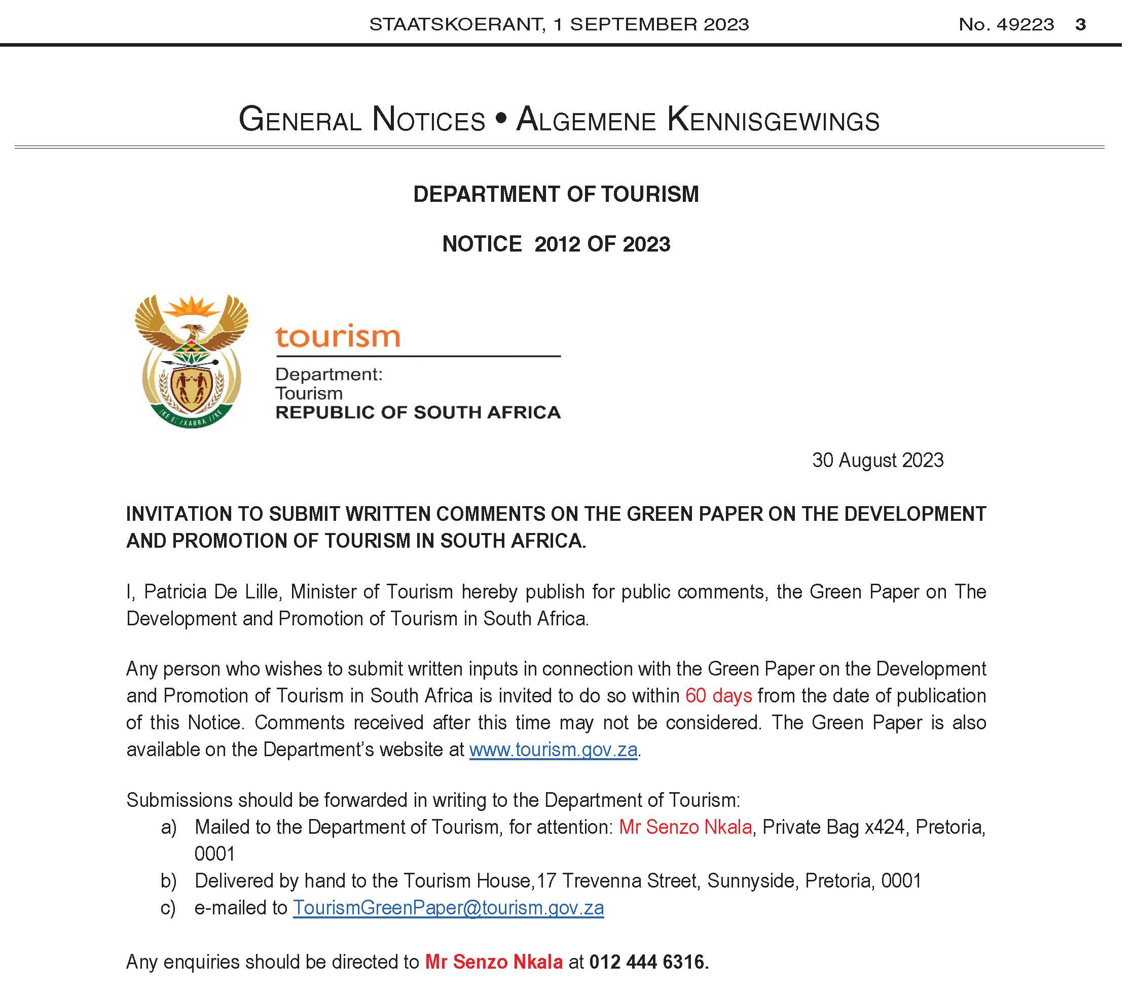 Minister de Lille encourages the public to comment on the Green Paper on the Development and Promotion of Tourism in South Afric