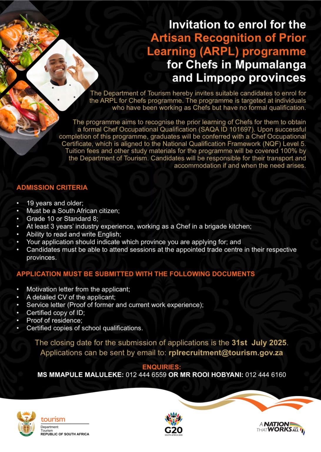 Invitation to enrol for the Artisan Recognition of Prior Learning (ARPL) programme for Chefs in Mpumalanga and Limpopo provinces
