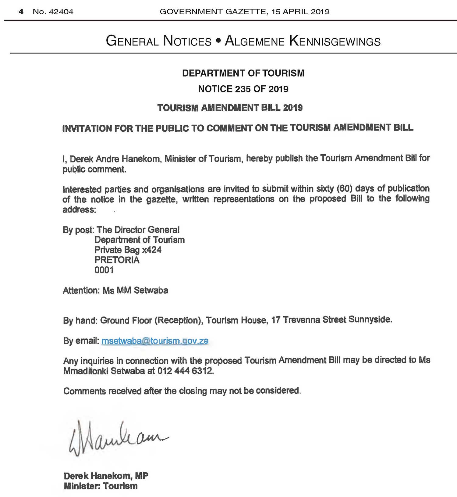 Tourism Draft Amendment Bill - Notice 235 of 2019